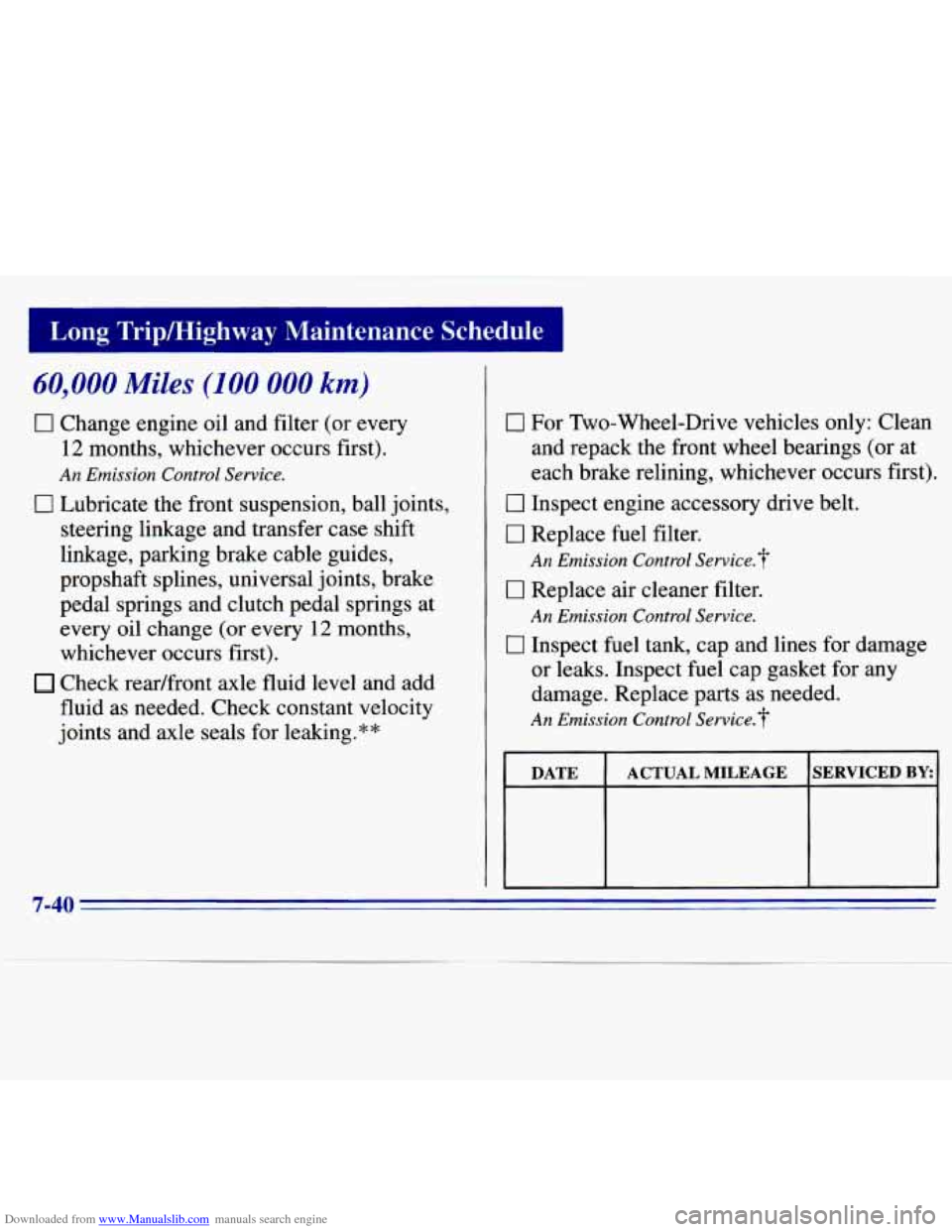 CHEVROLET S10 1996 2.G Owners Manual Downloaded from www.Manualslib.com manuals search engine I 
60,000 Miles (100 000 km) 
0 Change engine oil and filter (or every 
12 months, whichever occurs first). 
An Emission  Control  Service. 
0 