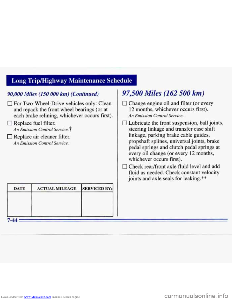 CHEVROLET S10 1996 2.G Owners Manual Downloaded from www.Manualslib.com manuals search engine 90,000 Miles (150 000 km) (Continued) 
0 For  Two-Wheel-Drive  vehicles  only:  Clean and  repack  the front wheel  bearings  (or at 
each  bra