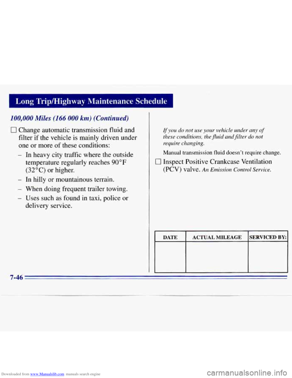 CHEVROLET S10 1996 2.G Owners Manual Downloaded from www.Manualslib.com manuals search engine = 
Long Tripmighway  Maintenance  Schedule 
100,000 Miles (166 000 km) (Continued) 
0 Change  automatic  transmission  fluid  and 
filter if th