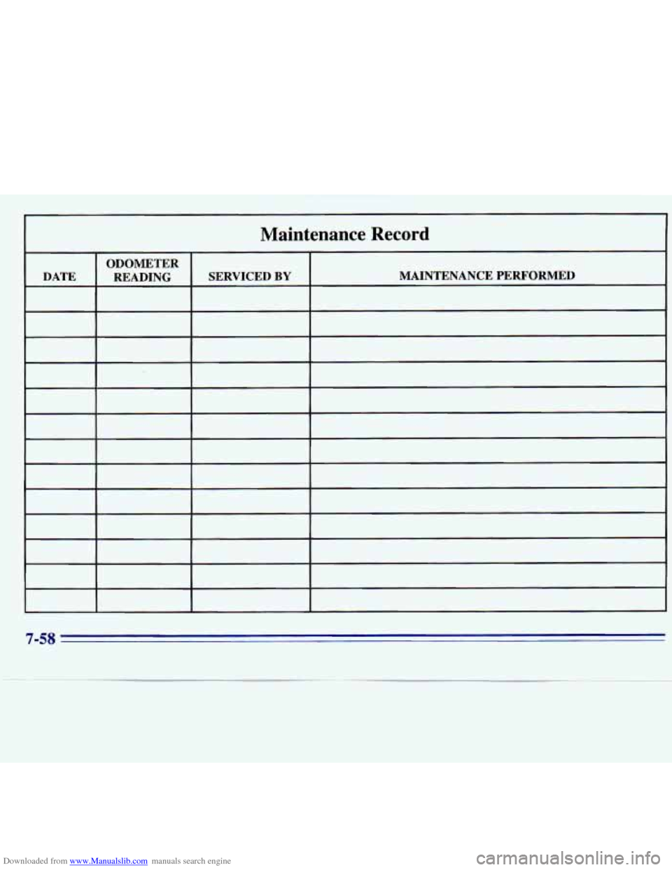 CHEVROLET S10 1996 2.G Owners Manual Downloaded from www.Manualslib.com manuals search engine Maintenance  Record 
ODOMETER 
DATE  READING  SERVICED 
BY MAINTENANCE  PERFORMED 
7-58   