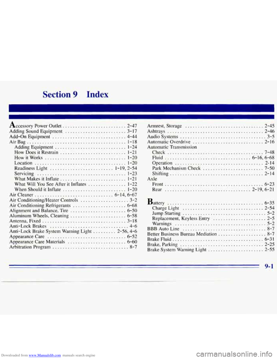 CHEVROLET S10 1996 2.G Owners Manual Downloaded from www.Manualslib.com manuals search engine Section 9 Index 
Accessory Power Outlet ......................... 2-47 
Adding  Sound  Equipment 
........................ 3-  17 
Add-on  Equi