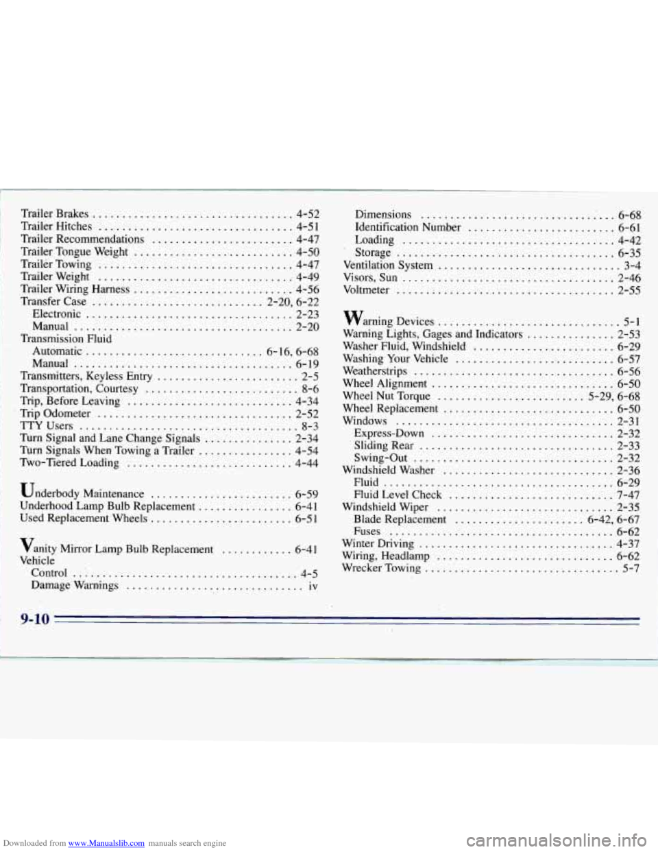 CHEVROLET S10 1996 2.G Owners Manual Downloaded from www.Manualslib.com manuals search engine Trailer Brakes .................................. 4-52 
Trailer  Hitches 
................................. 4-5 1 
Trailer  Recommendations ...