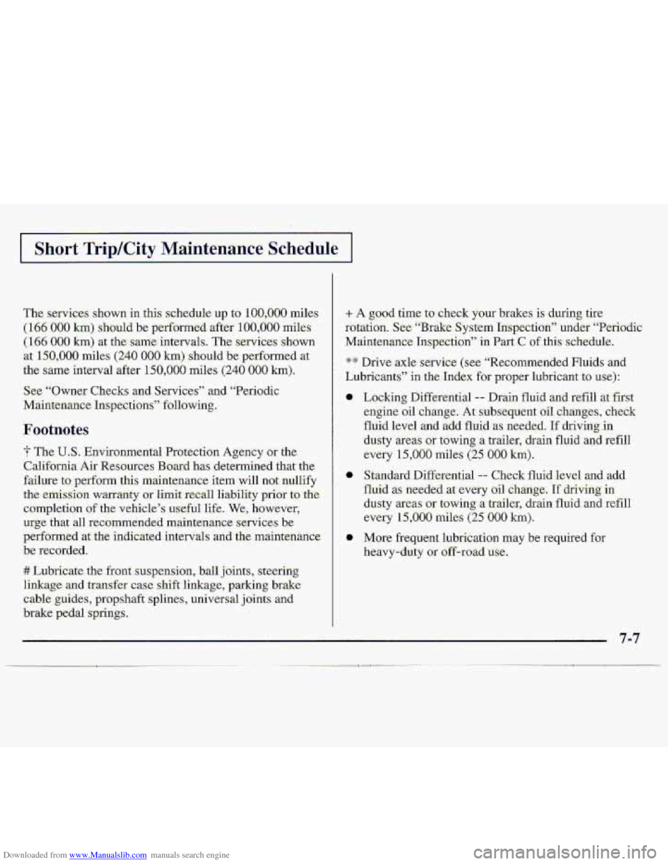 CHEVROLET S10 1997 2.G Owners Manual Downloaded from www.Manualslib.com manuals search engine Short Trip/City Maintenance Schedule 
+ A good .time. to check your’ brakes  is during tire 
rotation. 
See: “Brake System Inspection” un