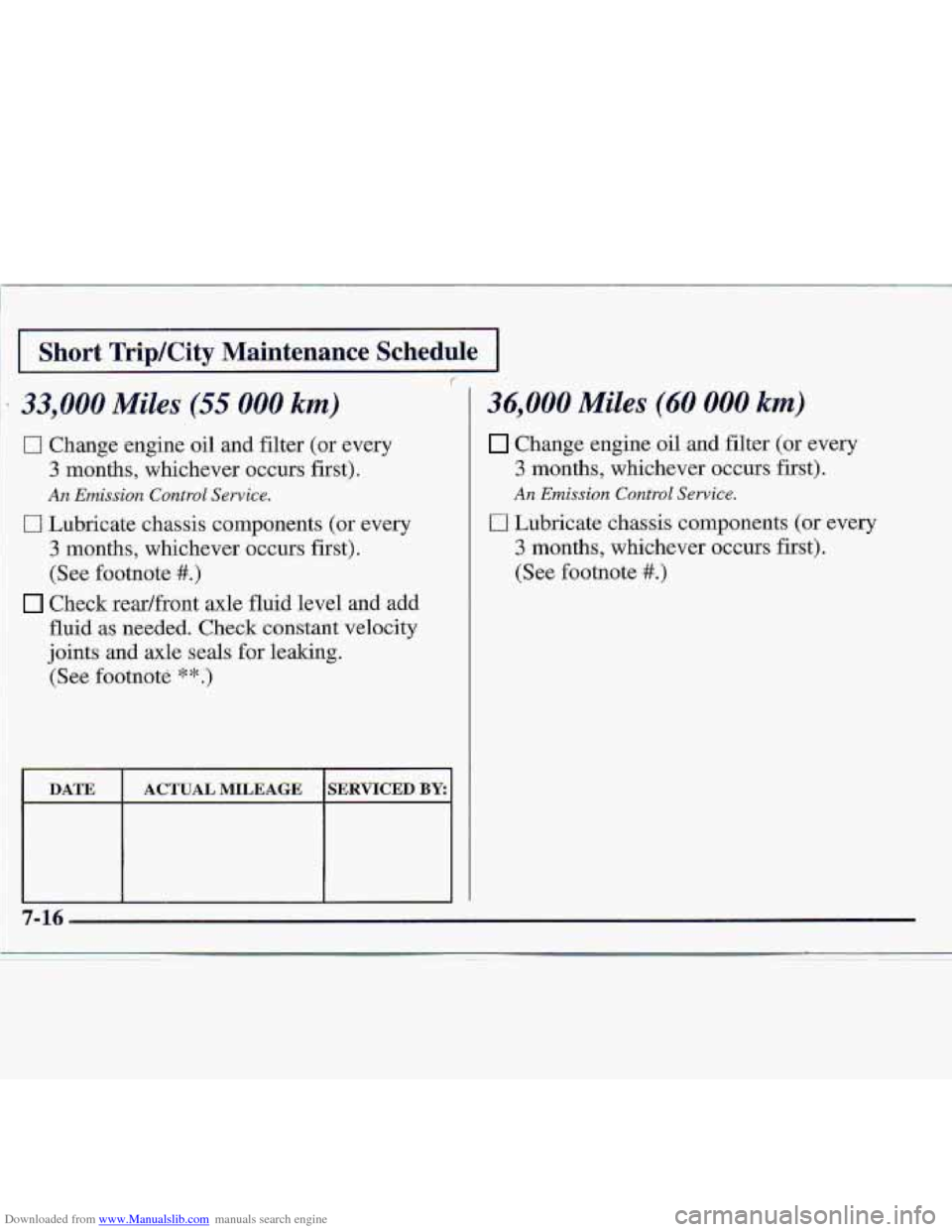 CHEVROLET S10 1997 2.G Owners Manual Downloaded from www.Manualslib.com manuals search engine I I 
0 Change engine oil and  filter  (or  every 
3 months,  whichever  occurs first). 
An Emissiun Control Sewice. 
0 Lubricate chassis compon