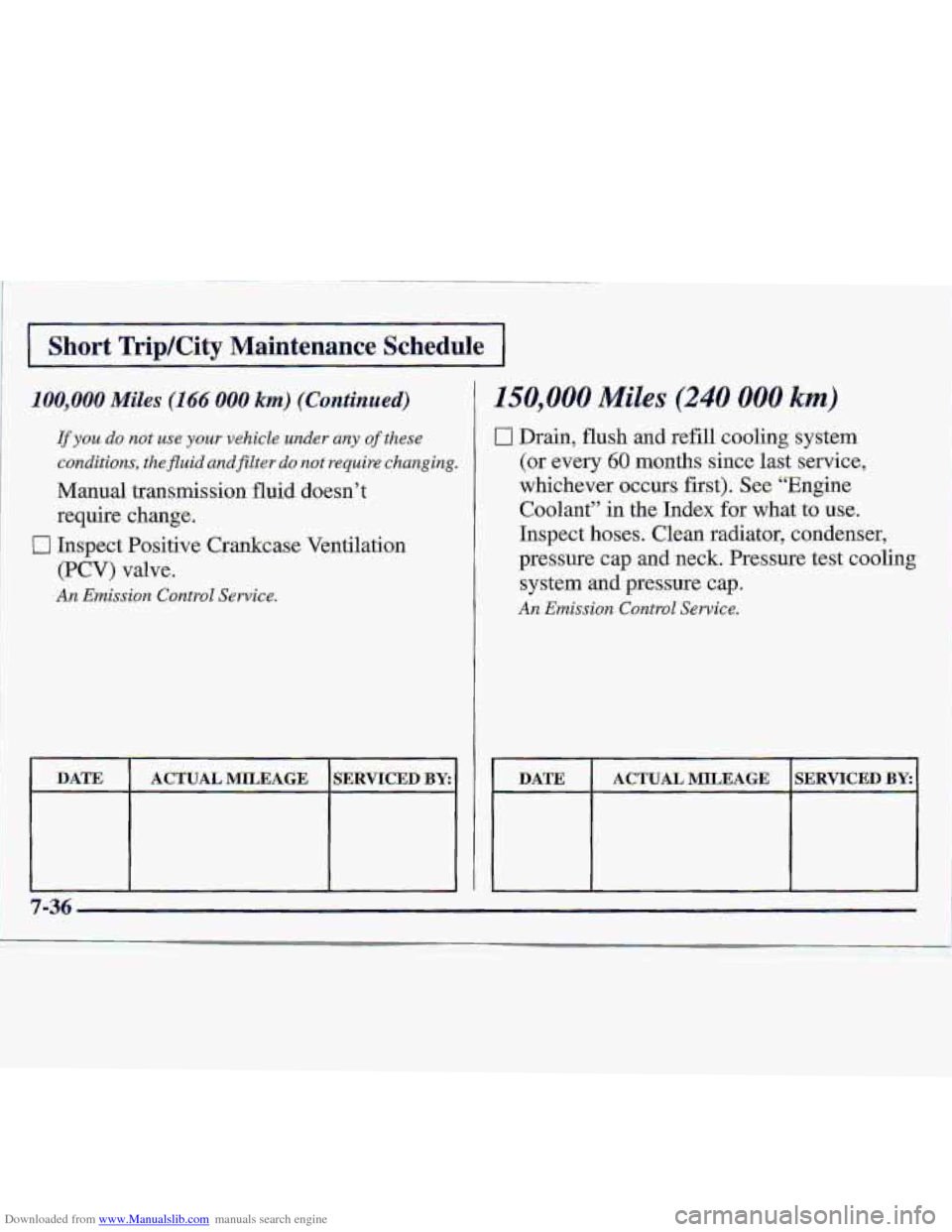 CHEVROLET S10 1997 2.G Owners Manual Downloaded from www.Manualslib.com manuals search engine 100,000 Miles (166 000 km) (Continued) 
If you do no.t use your vehicle under any of these 
conditions,  the 
fZuid andfilter  do  not require 