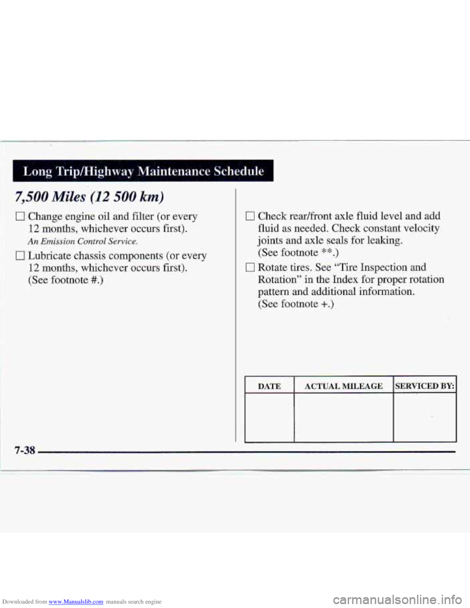 CHEVROLET S10 1997 2.G Owners Manual Downloaded from www.Manualslib.com manuals search engine I 
Long. Tripmighway .Maintenance .. Schedule .. I 
m 
0 Check readfront  .axle fluid level  and add 
fluid as needed.  Check constant  velocit