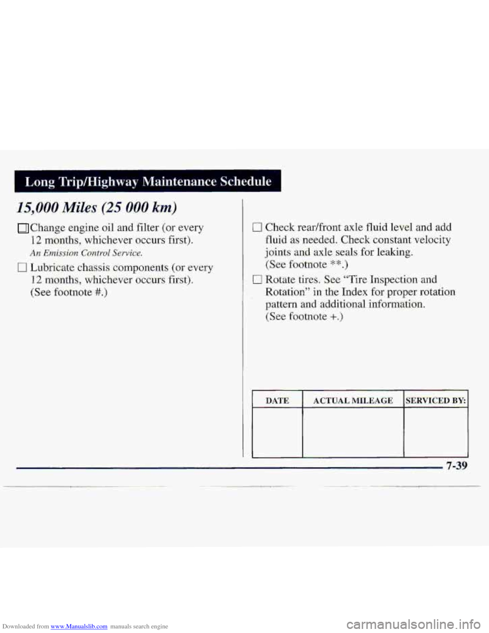 CHEVROLET S10 1997 2.G Owners Manual Downloaded from www.Manualslib.com manuals search engine .L . . , ,- L- .. -I. _.. 
. - ... , Long’TripLHighway , Maintenance  Schedule 
Chang.e engine oil and filter (or every 
12 months, whichever