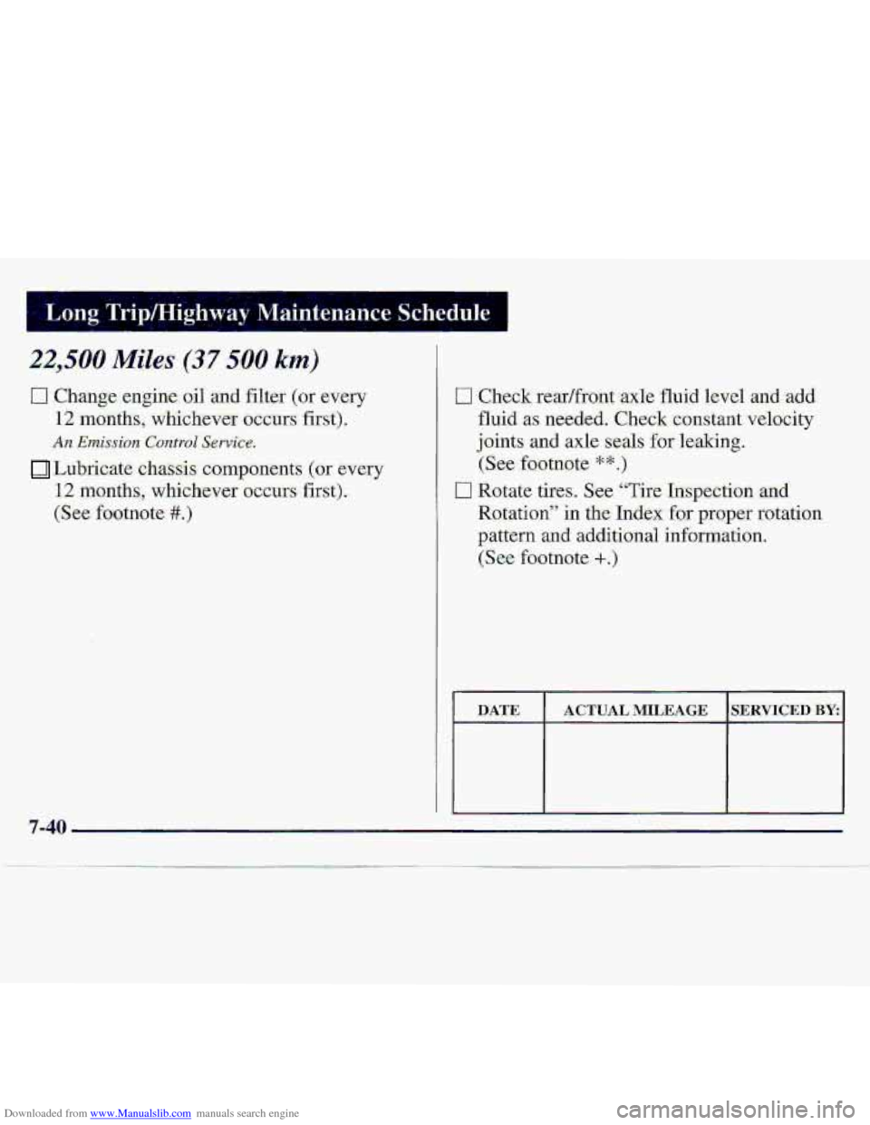 CHEVROLET S10 1997 2.G Owners Manual Downloaded from www.Manualslib.com manuals search engine uuEls rrip/Highway Maintenance Schedule I 
22,500 Miles (37  500 km) 
CI Change engine oil’ and filter (or every 
I2 months., whichever occur