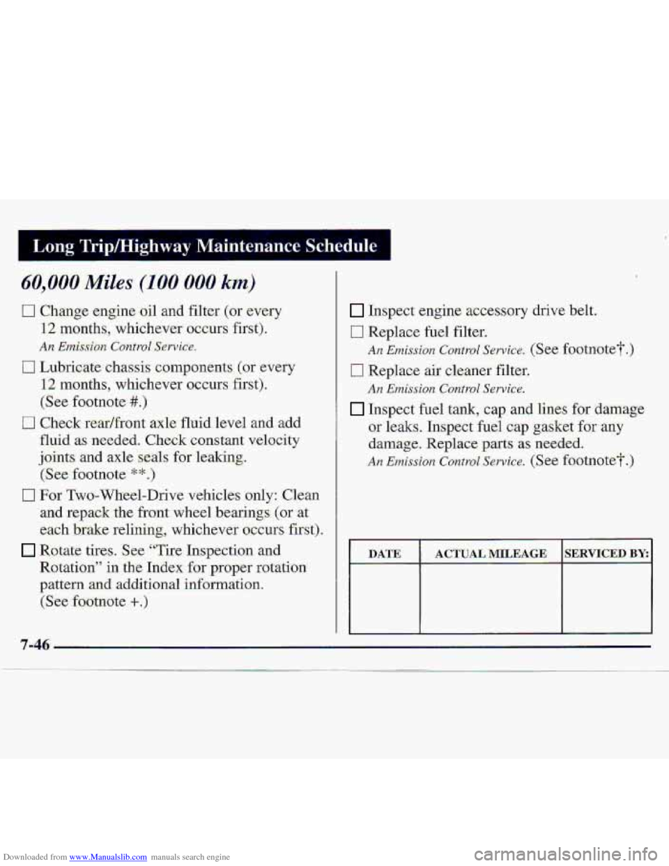 CHEVROLET S10 1997 2.G Owners Manual Downloaded from www.Manualslib.com manuals search engine Long Trip/Highway Maintenance Schedule I
60,000 Miles (100 000 km)
I7 Change engine oil and filter (or every
12 months, whichever occur CHEVROLET S10 1997 2.G Owners Manual Downloaded from www.Manualslib.com manuals search engine Long Trip/Highway Maintenance Schedule I
60,000 Miles (100 000 km)
I7 Change engine oil and filter (or every
12 months, whichever occur