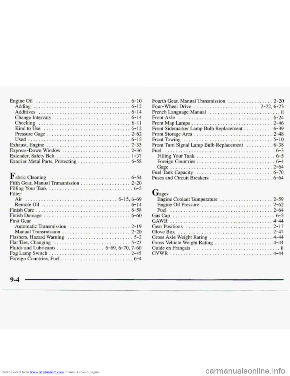 CHEVROLET S10 1997 2.G Owners Manual Downloaded from www.Manualslib.com manuals search engine Engine Oil ................... . ............... ...6 -10 .
Adding ........ ..... )1 ......... ! .............. -6-12
Additives ............. CHEVROLET S10 1997 2.G Owners Manual Downloaded from www.Manualslib.com manuals search engine Engine Oil ................... . ............... ...6 -10 .
Adding ........ ..... )1 ......... ! .............. -6-12
Additives .............