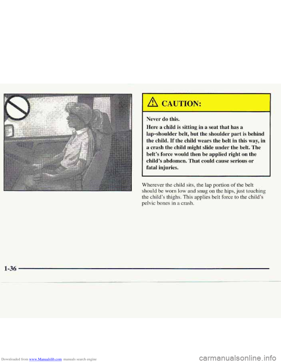CHEVROLET S10 1997 2.G Owners Manual Downloaded from www.Manualslib.com manuals search engine Never  do  this. 
Here  a  child  is  sitting 
in a seat  that  has  a 
lap-shoulder  belt, 
but the  shoulder  part  is  behind 
the  child. 

