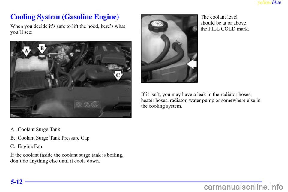 CHEVROLET SILVERADO 1999 1.G Owners Manual yellowblue     
5-12
Cooling System (Gasoline Engine)
When you decide its safe to lift the hood, heres what
youll see:
A. Coolant Surge Tank
B. Coolant Surge Tank Pressure Cap
C. Engine Fan
If the 