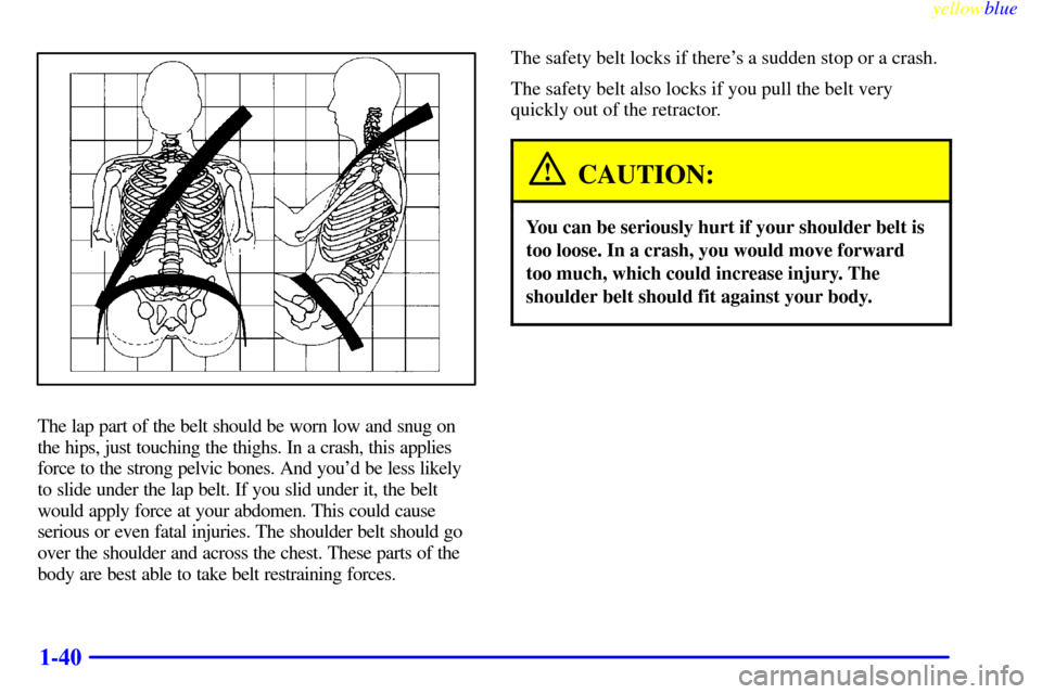 CHEVROLET SILVERADO 1999 1.G Owners Manual yellowblue     
1-40
The lap part of the belt should be worn low and snug on
the hips, just touching the thighs. In a crash, this applies
force to the strong pelvic bones. And youd be less likely
to 