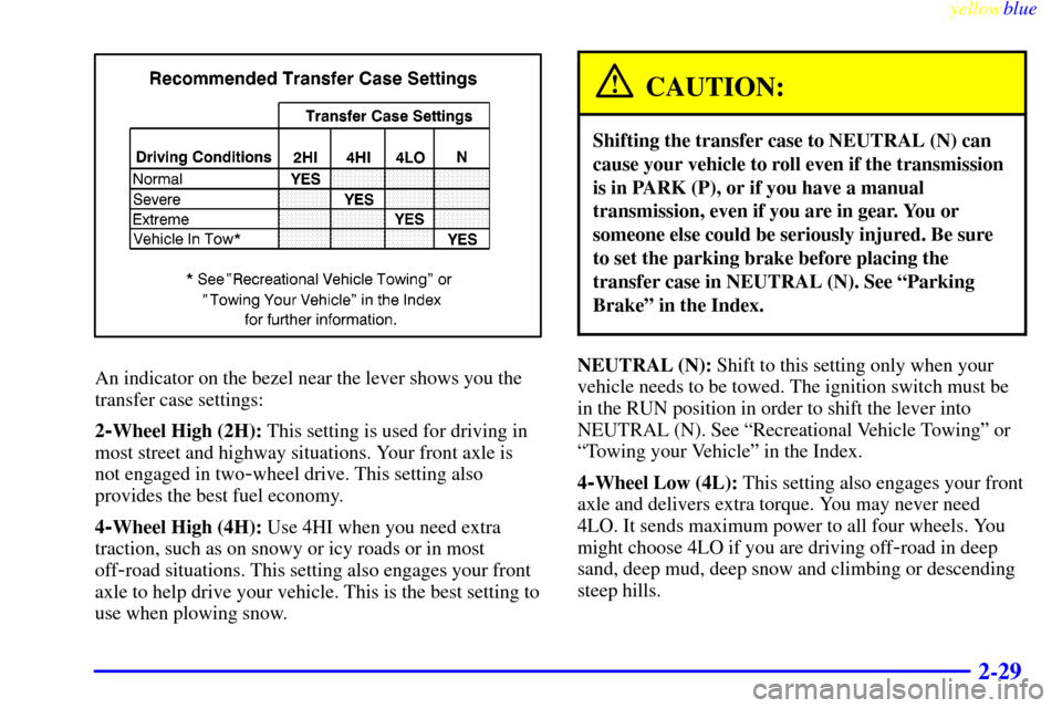 CHEVROLET SILVERADO 2000 1.G Owners Manual yellowblue
2-29
An indicator on the bezel near the lever shows you the
transfer case settings:
2
-Wheel High (2H): This setting is used for driving in
most street and highway situations. Your fro CHEVROLET SILVERADO 2000 1.G Owners Manual yellowblue
2-29
An indicator on the bezel near the lever shows you the
transfer case settings:
2
-Wheel High (2H): This setting is used for driving in
most street and highway situations. Your fro