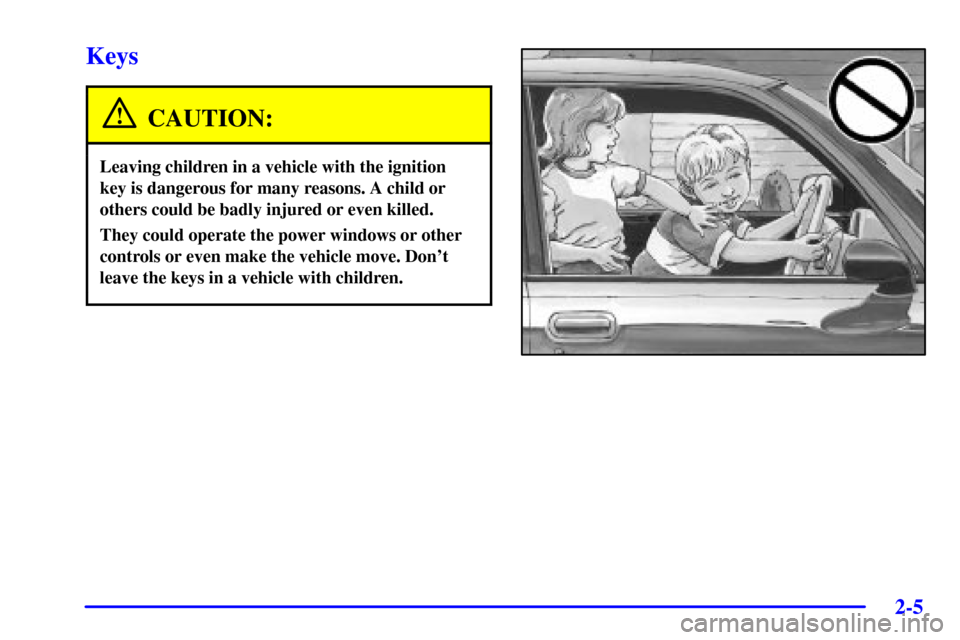 CHEVROLET SILVERADO 2001 1.G Owners Manual 2-5
Keys
CAUTION:
Leaving children in a vehicle with the ignition
key is dangerous for many reasons. A child or
others could be badly injured or even killed.
They could operate the power windows or ot