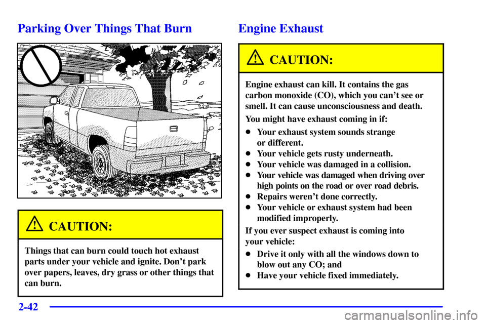 CHEVROLET SILVERADO 2002 1.G Owners Manual 2-42
Parking Over Things That Burn
CAUTION:
Things that can burn could touch hot exhaust
parts under your vehicle and ignite. Dont park
over papers, leaves, dry grass or other things that
can burn.
E