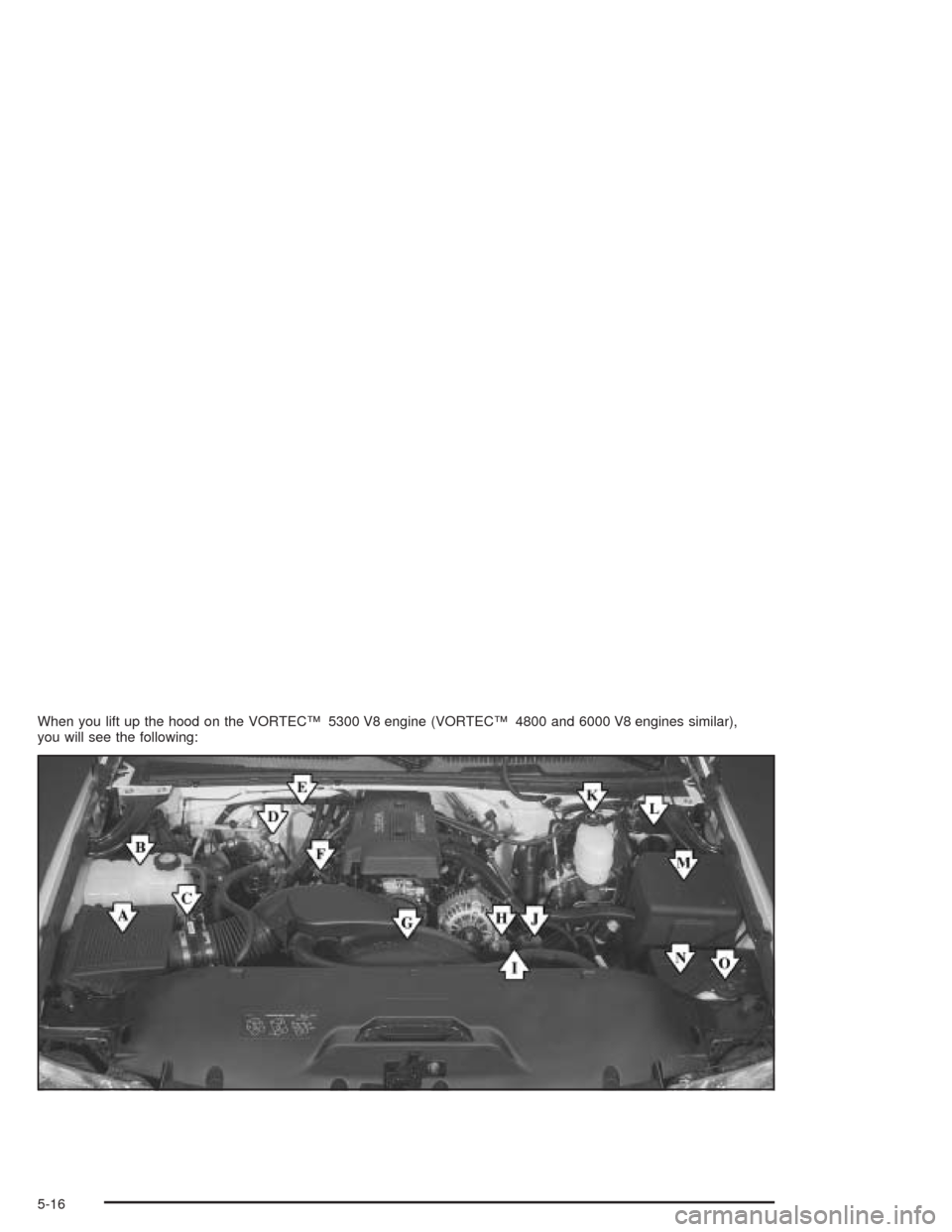 CHEVROLET SILVERADO 2004 1.G Owners Manual When you lift up the hood on the VORTEC™ 5300 V8 engine (VORTEC™ 4800 and 6000 V8 engines similar),
you will see the following:
5-16 