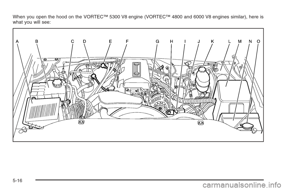 CHEVROLET SILVERADO 2005 1.G Owners Manual When you open the hood on the VORTEC™ 5300 V8 engine (VORTEC™ 4800 and 6000 V8 engines similar), here is
what you will see:
5-16 