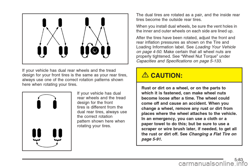 CHEVROLET SILVERADO 2005 1.G Owners Manual If your vehicle has dual rear wheels and the tread
design for your front tires is the same as your rear tires,
always use one of the correct rotation patterns shown
here when rotating your tires.
If y