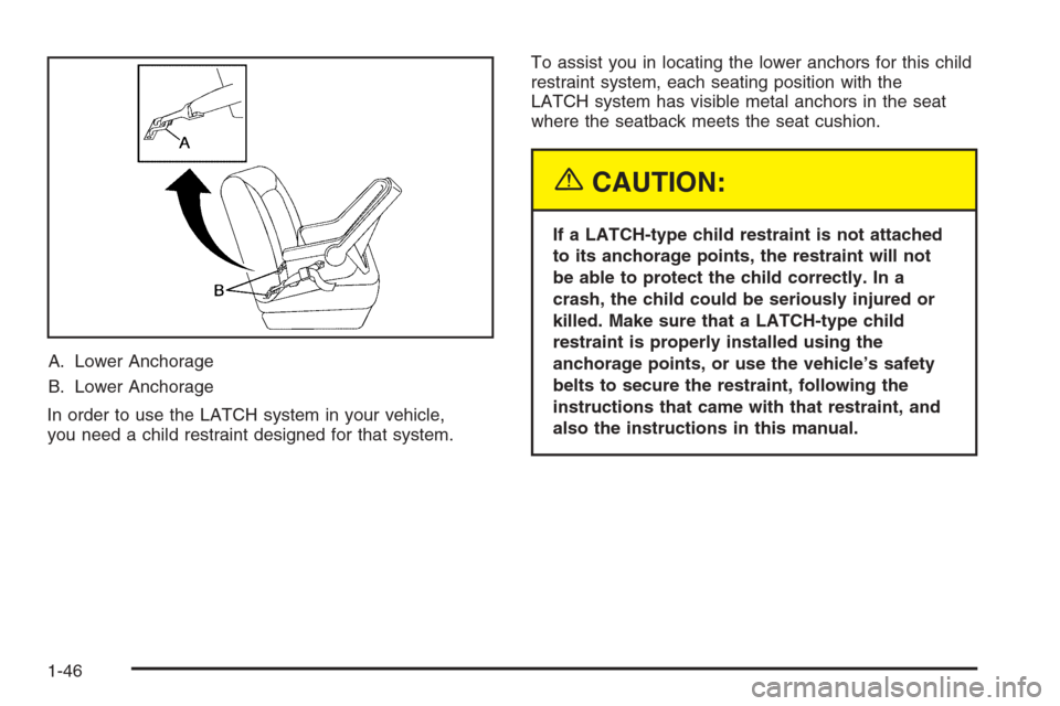 CHEVROLET SILVERADO 2005 1.G Owners Manual A. Lower Anchorage
B. Lower Anchorage
In order to use the LATCH system in your vehicle,
you need a child restraint designed for that system.To assist you in locating the lower anchors for this child
r