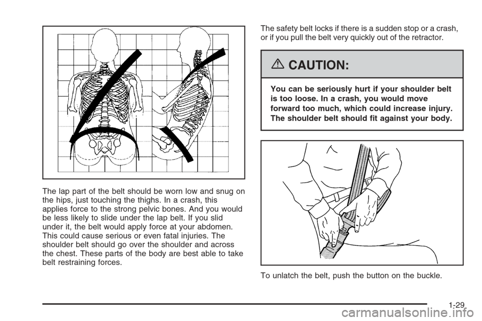 CHEVROLET SILVERADO 2006 1.G Owners Manual The lap part of the belt should be worn low and snug on
the hips, just touching the thighs. In a crash, this
applies force to the strong pelvic bones. And you would
be less likely to slide under the l