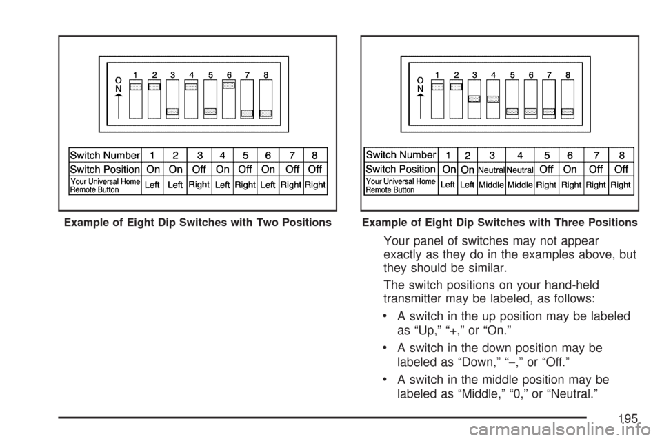CHEVROLET SILVERADO 2007 1.G Owners Manual Your panel of switches may not appear
exactly as they do in the examples above, but
they should be similar.
The switch positions on your hand-held
transmitter may be labeled, as follows:
A switch in t