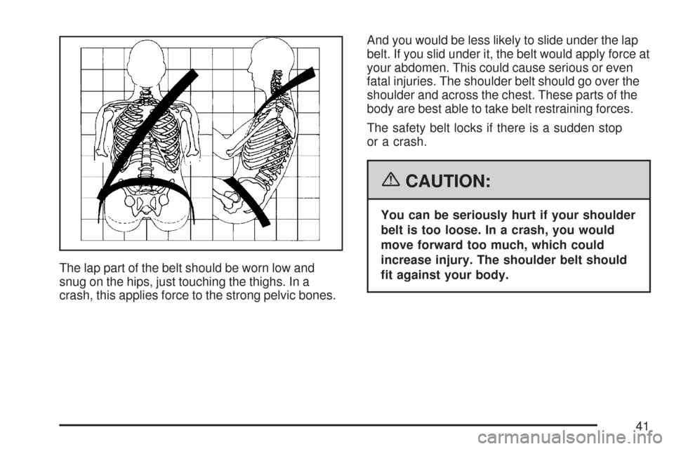CHEVROLET SILVERADO 2007 1.G Owners Manual The lap part of the belt should be worn low and
snug on the hips, just touching the thighs. In a
crash, this applies force to the strong pelvic bones.And you would be less likely to slide under the la