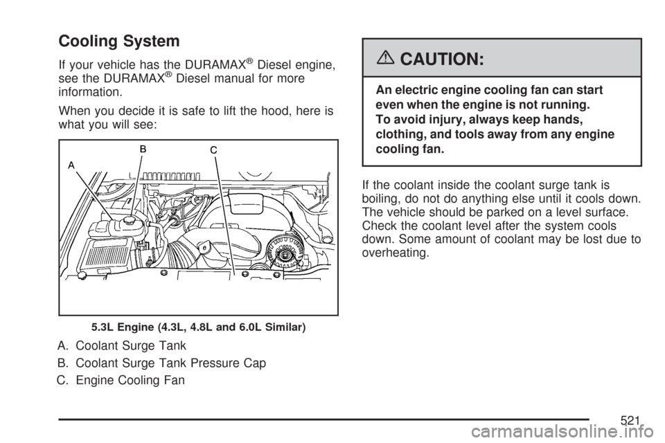 CHEVROLET SILVERADO 2007 1.G Owners Manual Cooling System
If your vehicle has the DURAMAX®Diesel engine,
see the DURAMAX®Diesel manual for more
information.
When you decide it is safe to lift the hood, here is
what you will see:
A. Coolant S