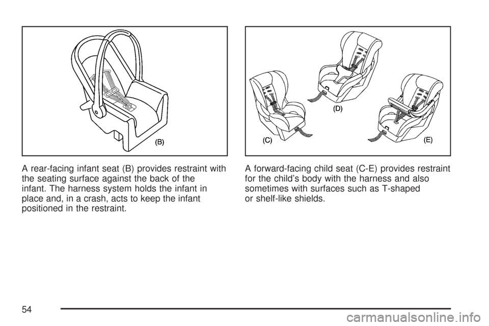 CHEVROLET SILVERADO 2007 1.G Owners Manual A rear-facing infant seat (B) provides restraint with
the seating surface against the back of the
infant. The harness system holds the infant in
place and, in a crash, acts to keep the infant
position
