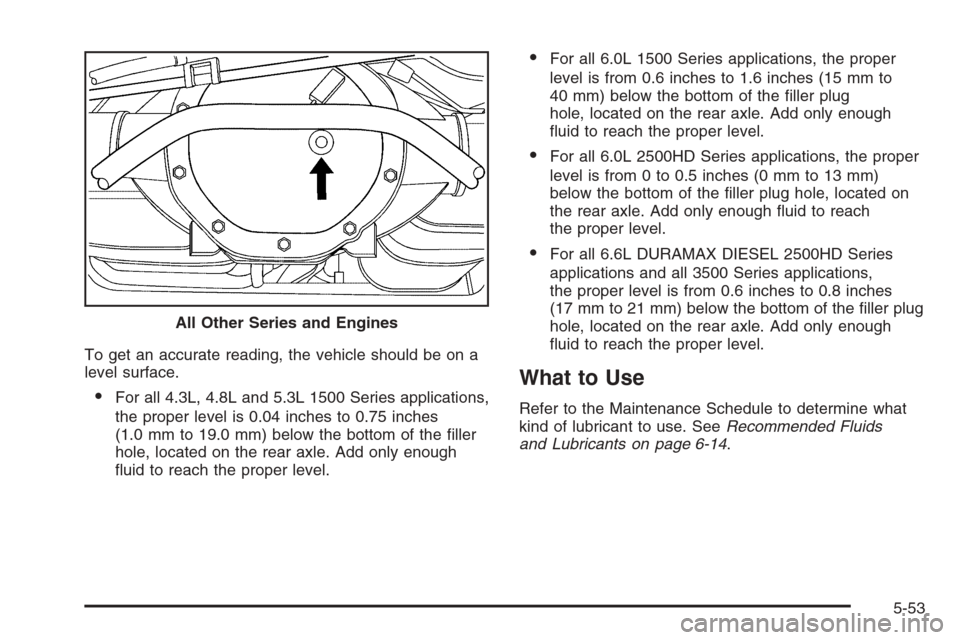 CHEVROLET SILVERADO 2008 2.G Owners Manual To get an accurate reading, the vehicle should be on a
level surface.
For all 4.3L, 4.8L and 5.3L 1500 Series applications,
the proper level is 0.04 inches to 0.75 inches
(1.0 mm to 19.0 mm) below th