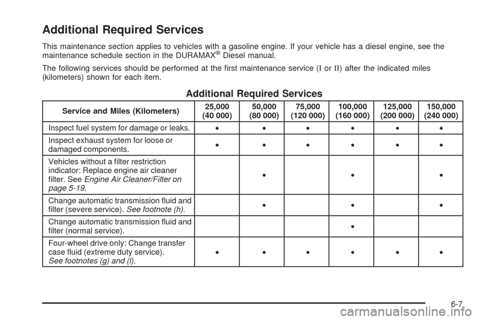 CHEVROLET SILVERADO 2009 2.G Owners Manual Additional Required Services
This maintenance section applies to vehicles with a gasoline engine. If your vehicle has a diesel engine, see the
maintenance schedule section in the DURAMAX®Diesel manua