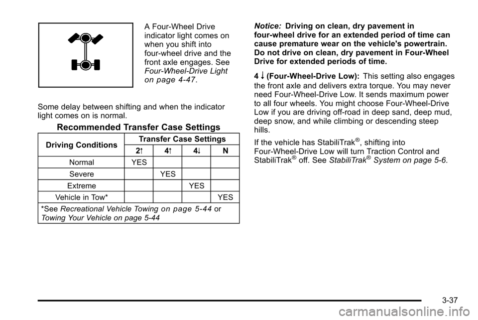 CHEVROLET SILVERADO 2010 2.G Owners Manual A Four-Wheel Drive
indicator light comes on
when you shift into
four-wheel drive and the
front axle engages. See
Four-Wheel-Drive Light
on page 4‑47.
Some delay between shifting and when the indicat CHEVROLET SILVERADO 2010 2.G Owners Manual A Four-Wheel Drive
indicator light comes on
when you shift into
four-wheel drive and the
front axle engages. See
Four-Wheel-Drive Light
on page 4‑47.
Some delay between shifting and when the indicat