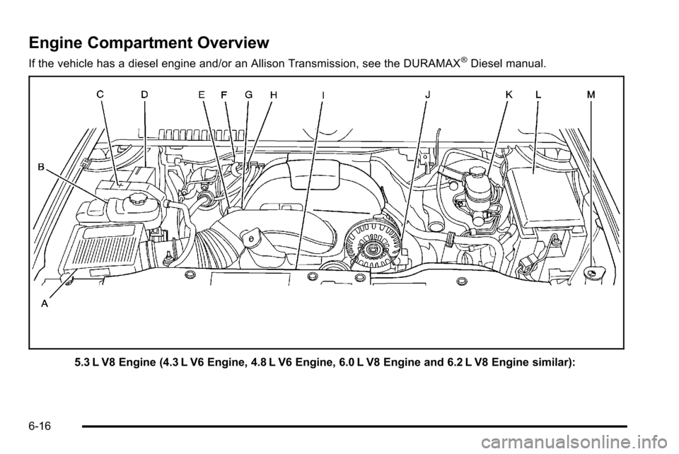 CHEVROLET SILVERADO 2010 2.G Owners Manual Engine Compartment Overview
If the vehicle has a diesel engine and/or an Allison Transmission, see the DURAMAX®Diesel manual.
5.3 L V8 Engine (4.3 L V6 Engine, 4.8 L V6 Engine, 6.0 L V8 Engine and 6.