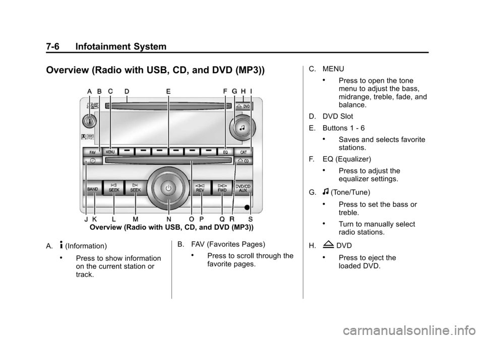 CHEVROLET SILVERADO 2013 2.G Owners Manual Black plate (6,1)Chevrolet Silverado Owner Manual - 2013 - crc2 - 8/13/12
7-6 Infotainment System
Overview (Radio with USB, CD, and DVD (MP3))
Overview (Radio with USB, CD, and DVD (MP3))
A.
4(Informa