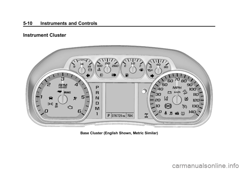 CHEVROLET SILVERADO 2014 2.G Owners Manual Black plate (10,1)Chevrolet Silverado Owner Manual (GMNA-Localizing-U.S./Canada/Mexico-
5853506) - 2014 - crc 2nd - 5/15/13
5-10 Instruments and Controls
Instrument Cluster
Base Cluster (English Shown