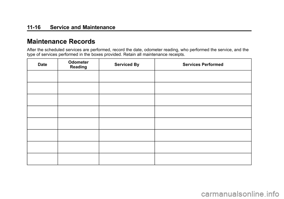 CHEVROLET SILVERADO 2014 2.G Owners Manual Black plate (16,1)Chevrolet Silverado Owner Manual (GMNA-Localizing-U.S./Canada/Mexico-
5853506) - 2014 - crc 2nd - 5/15/13
11-16 Service and Maintenance
Maintenance Records
After the scheduled servic