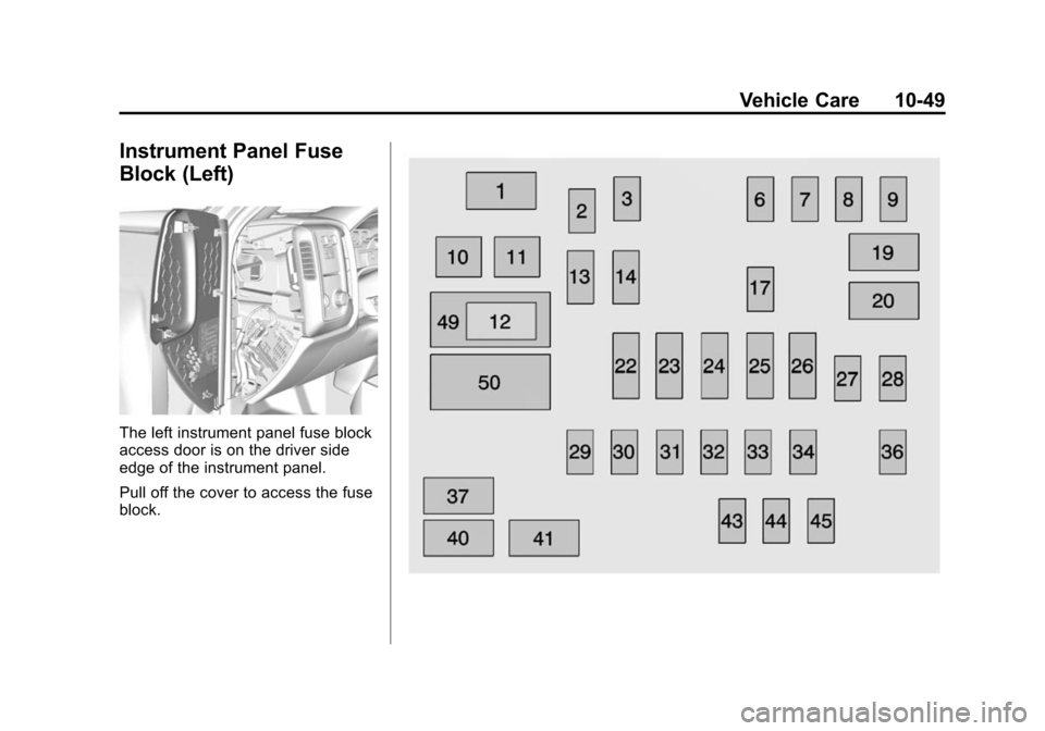 CHEVROLET SILVERADO 2015 3.G Owners Manual Black plate (49,1)Chevrolet 2015i Silverado Owner Manual (GMNA-Localizing-U.S./Canada/
Mexico-8425172) - 2015 - crc - 2/6/15
Vehicle Care 10-49
Instrument Panel Fuse
Block (Left)
The left instrument p