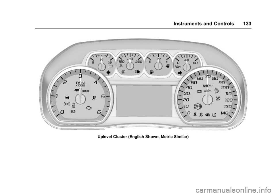 CHEVROLET SILVERADO 2016 3.G Owners Manual Chevrolet Silverado Owner Manual (GMNA-Localizing-U.S./Canada/Mexico-
9159338) - 2016 - crc - 10/21/15
Instruments and Controls 133
Uplevel Cluster (English Shown, Metric Similar) 