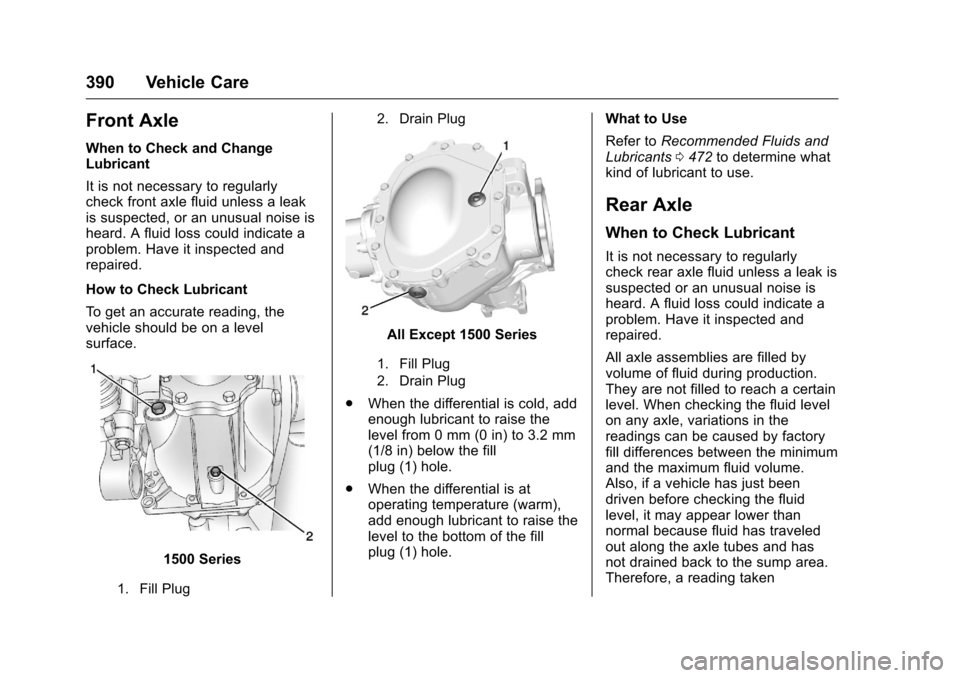 CHEVROLET SILVERADO 2016 3.G Owners Manual Chevrolet Silverado Owner Manual (GMNA-Localizing-U.S./Canada/Mexico-
9159338) - 2016 - crc - 10/21/15
390 Vehicle Care
Front Axle
When to Check and Change
Lubricant
It is not necessary to regularly
c