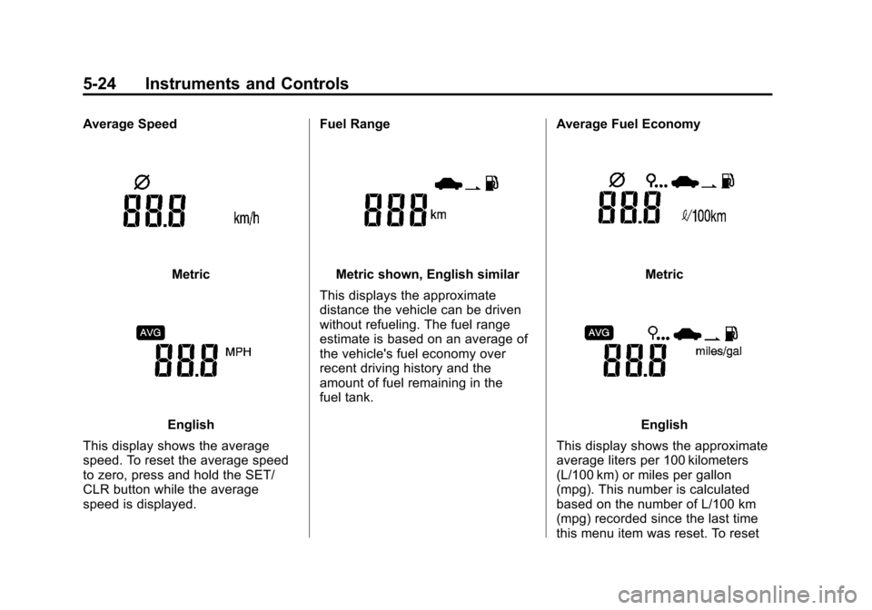 CHEVROLET SONIC 2012 2.G Owners Manual Black plate (24,1)Chevrolet Sonic Owner Manual - 2012
5-24 Instruments and Controls
Average Speed
Metric
English
This display shows the average
speed. To reset the average speed
to zero, press and hol