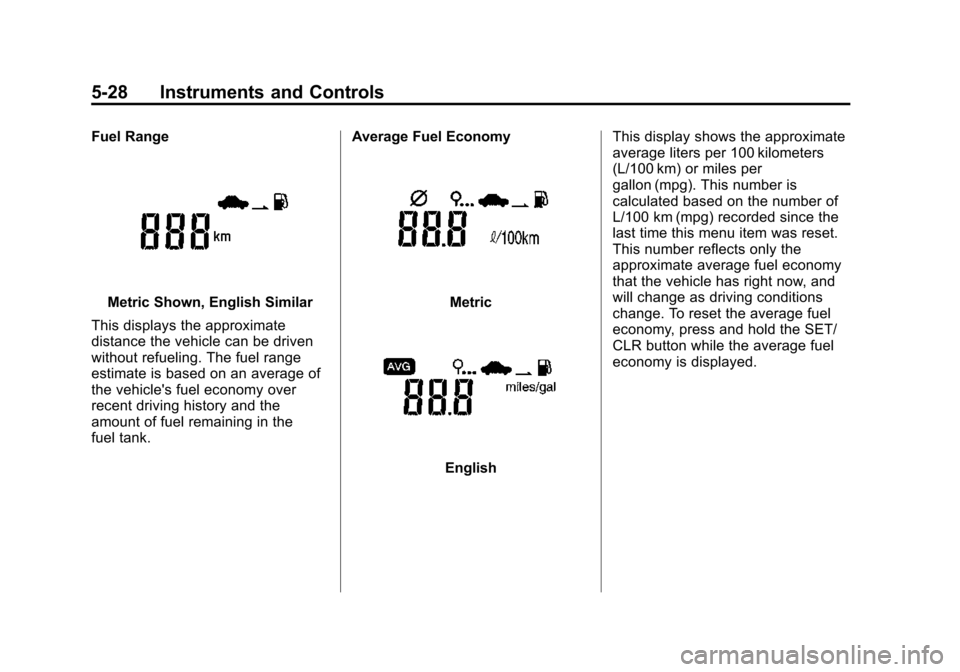 CHEVROLET SONIC 2015 2.G Owners Manual Black plate (28,1)Chevrolet Sonic Owner Manual (GMNA-Localizing-U.S./Canada-7707487) -
2015 - crc - 10/31/14
5-28 Instruments and Controls
Fuel Range
Metric Shown, English Similar
This displays the ap