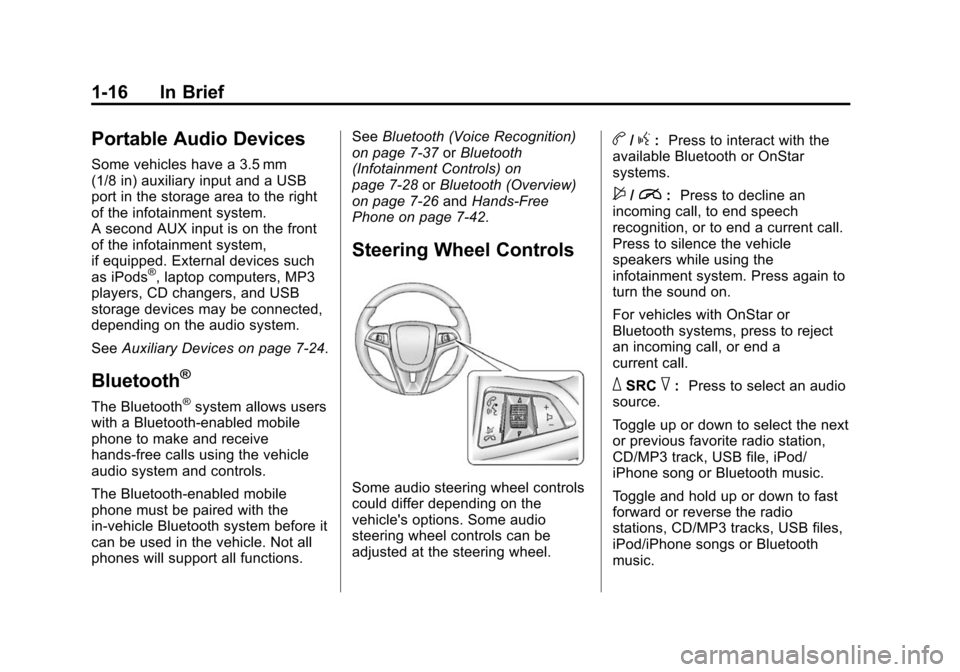 CHEVROLET SONIC 2015 2.G Owners Manual Black plate (16,1)Chevrolet Sonic Owner Manual (GMNA-Localizing-U.S./Canada-7707487) -
2015 - crc - 10/31/14
1-16 In Brief
Portable Audio Devices
Some vehicles have a 3.5 mm
(1/8 in) auxiliary input a
