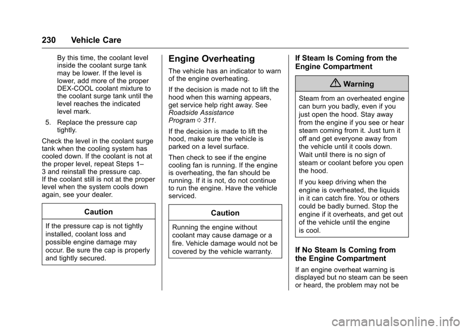 CHEVROLET SONIC 2017 2.G Owners Manual Chevrolet Sonic Owner Manual (GMNA-Localizing-U.S./Canada-10122660) -2017 - crc - 5/13/16
230 Vehicle Care
By this time, the coolant levelinside the coolant surge tankmay be lower. If the level islowe