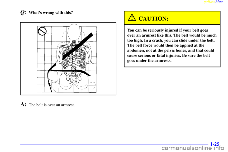 CHEVROLET SUBURBAN 1999 8.G Owners Manual yellowblue     
1-25
Q:Whats wrong with this?
A:The belt is over an armrest.
CAUTION:
You can be seriously injured if your belt goes
over an armrest like this. The belt would be much
too high. In a c