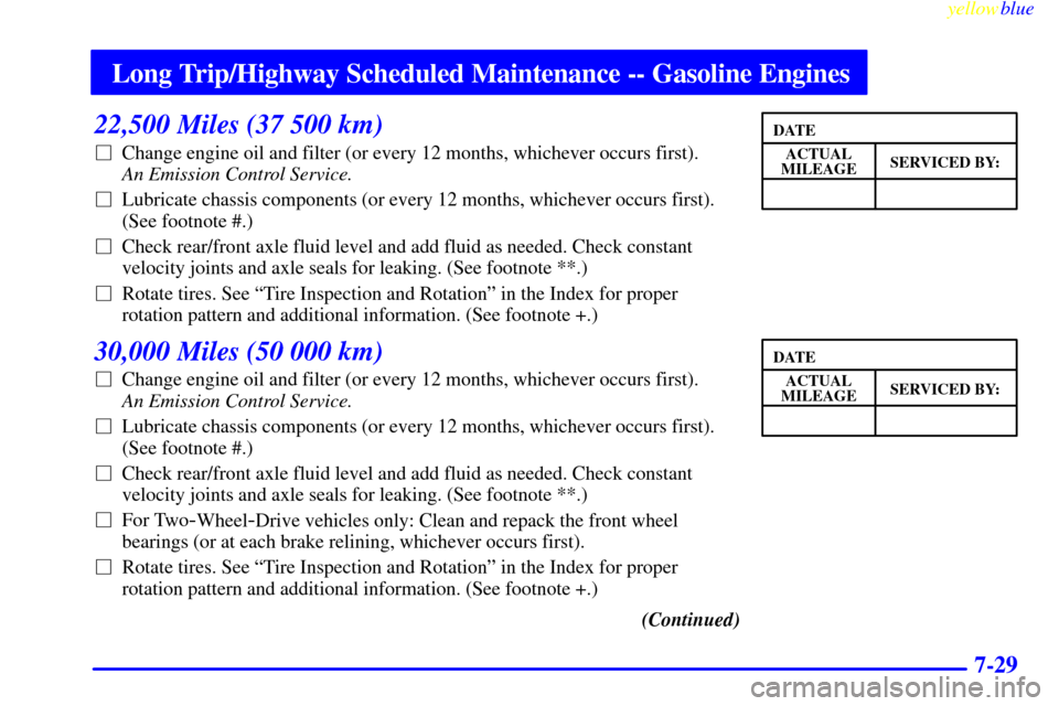 CHEVROLET SUBURBAN 1999 8.G Owners Manual Long Trip/Highway Scheduled Maintenance -- Gasoline Engines
yellowblue
7-29
22,500 Miles (37 500 km)
Change engine oil and filter (or every 12 months, whichever occurs first).
An Emission Contr CHEVROLET SUBURBAN 1999 8.G Owners Manual Long Trip/Highway Scheduled Maintenance -- Gasoline Engines
yellowblue
7-29
22,500 Miles (37 500 km)
Change engine oil and filter (or every 12 months, whichever occurs first).
An Emission Contr