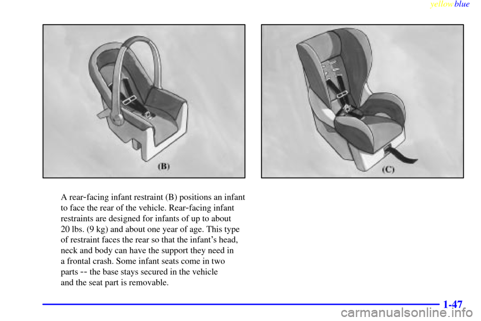 CHEVROLET SUBURBAN 1999 8.G Owners Manual yellowblue     
1-47
A rear-facing infant restraint (B) positions an infant
to face the rear of the vehicle. Rear
-facing infant
restraints are designed for infants of up to about 
20 lbs. (9 kg) and 