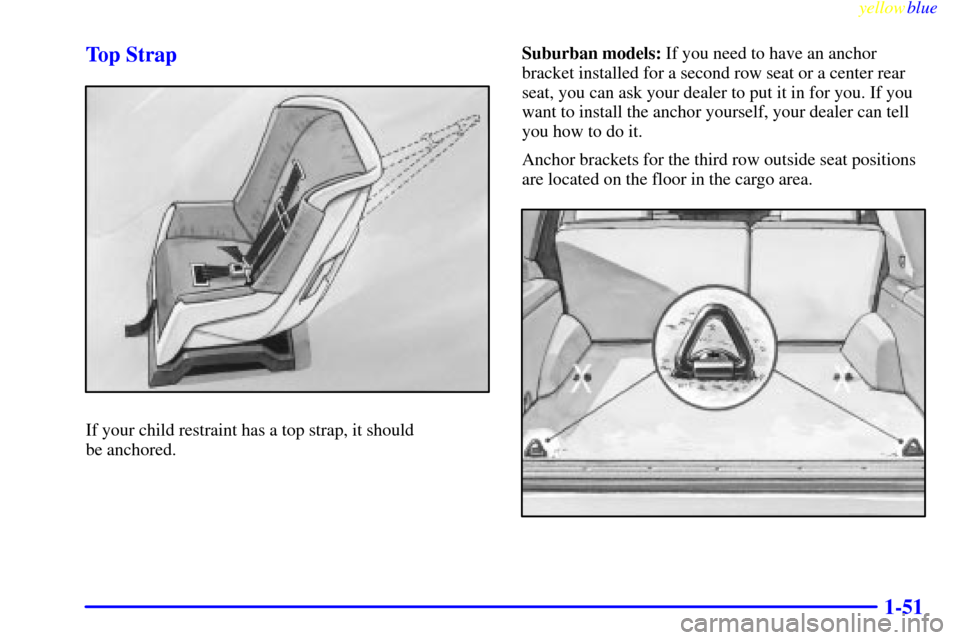 CHEVROLET SUBURBAN 1999 8.G Owners Manual yellowblue     
1-51 Top Strap
If your child restraint has a top strap, it should 
be anchored.Suburban models: If you need to have an anchor
bracket installed for a second row seat or a center rear
s