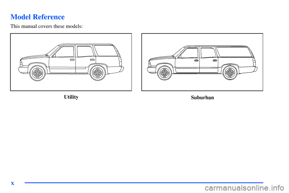 CHEVROLET SUBURBAN 2000 9.G Owners Manual x
Model Reference
This manual covers these models:
UtilitySuburban 