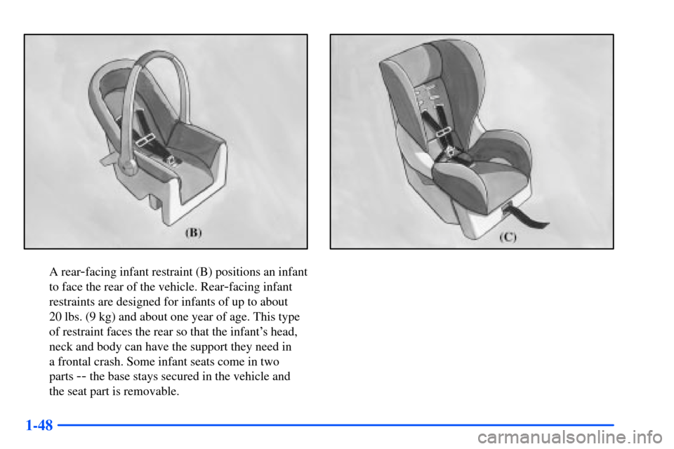 CHEVROLET SUBURBAN 2000 9.G Owners Manual 1-48
A rear-facing infant restraint (B) positions an infant
to face the rear of the vehicle. Rear
-facing infant
restraints are designed for infants of up to about 
20 lbs. (9 kg) and about one year o