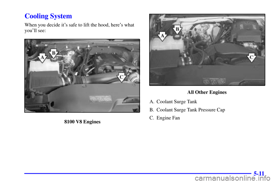 CHEVROLET SUBURBAN 2001 9.G Owners Manual 5-11
Cooling System
When you decide its safe to lift the hood, heres what
youll see:
8100 V8 Engines
All Other Engines
A. Coolant Surge Tank
B. Coolant Surge Tank Pressure Cap
C. Engine Fan 